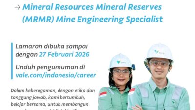 PT Vale Buka Lowongan Strategis, Talenta Luwu Timur Diajak Bergabung di Posisi MRMR Mine Engineering Specialist
