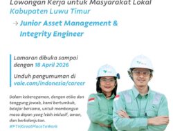 PT Vale (INCO) Buka Lowongan Kerja Warga Lokal Luwu Timur, Posisi Junior Asset Management & Integrity Engineer